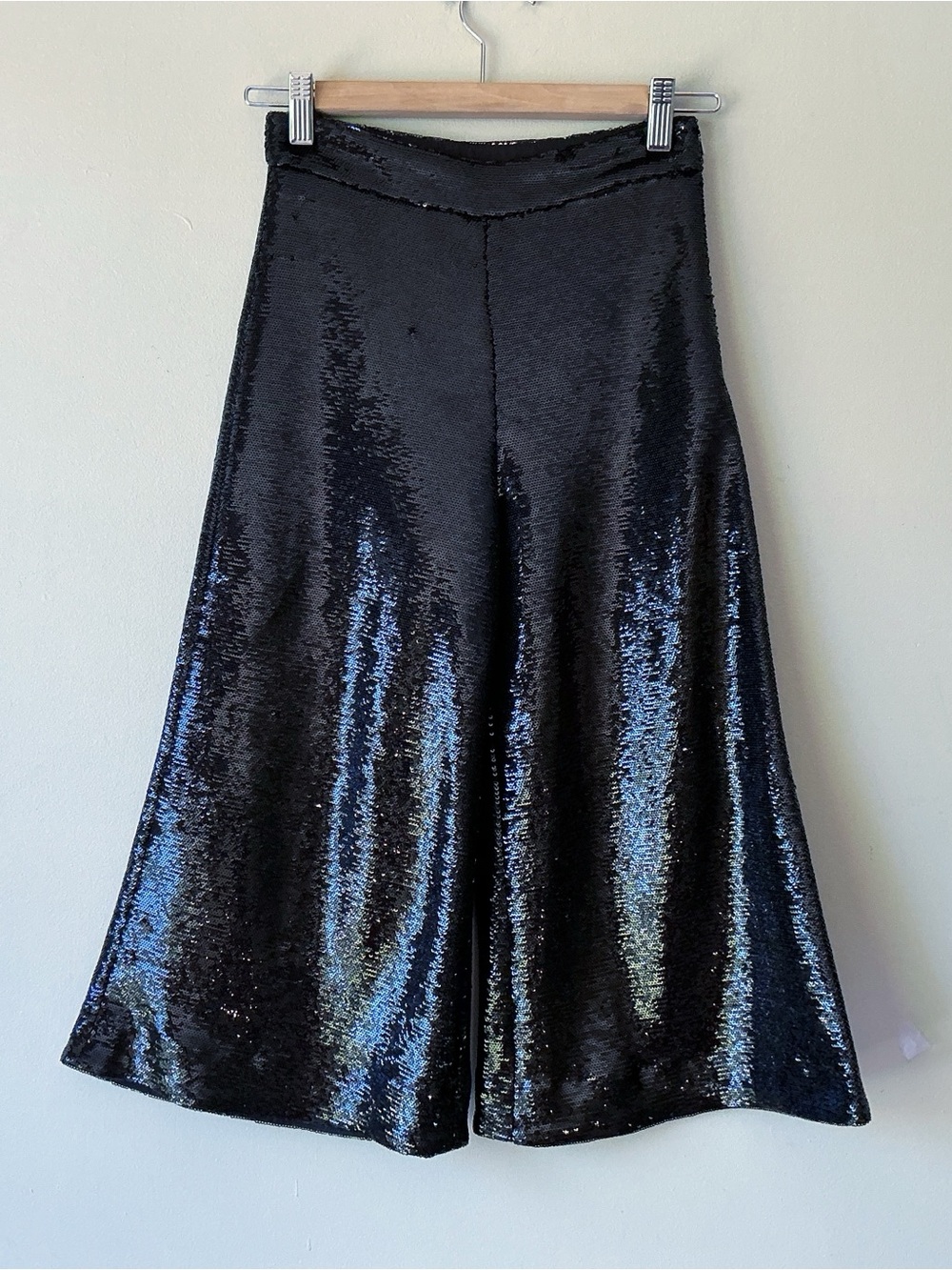 Maje Black Sequin High Waisted Wide Leg Cropped Party Pants FR Size 34/US XS - Picture 5 of 15